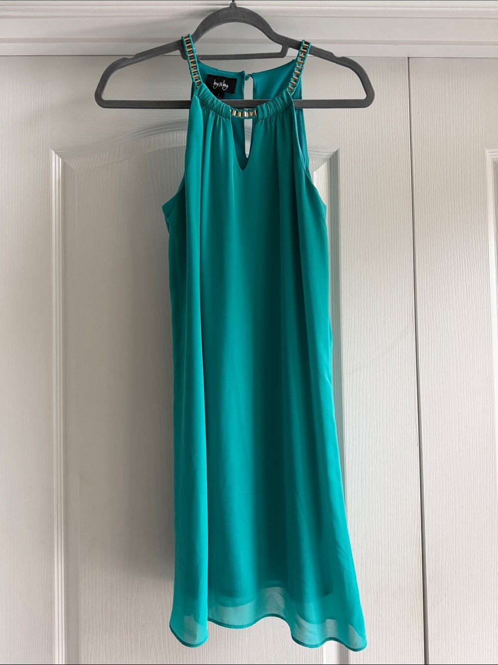 by & by Teal Halter Mini Dress with Chain-Embellished Straps